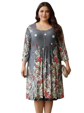 R & B Collection Swing Midi Dress Plus 3X Floral Paisley Gray 3/4 Sleeve Flowy